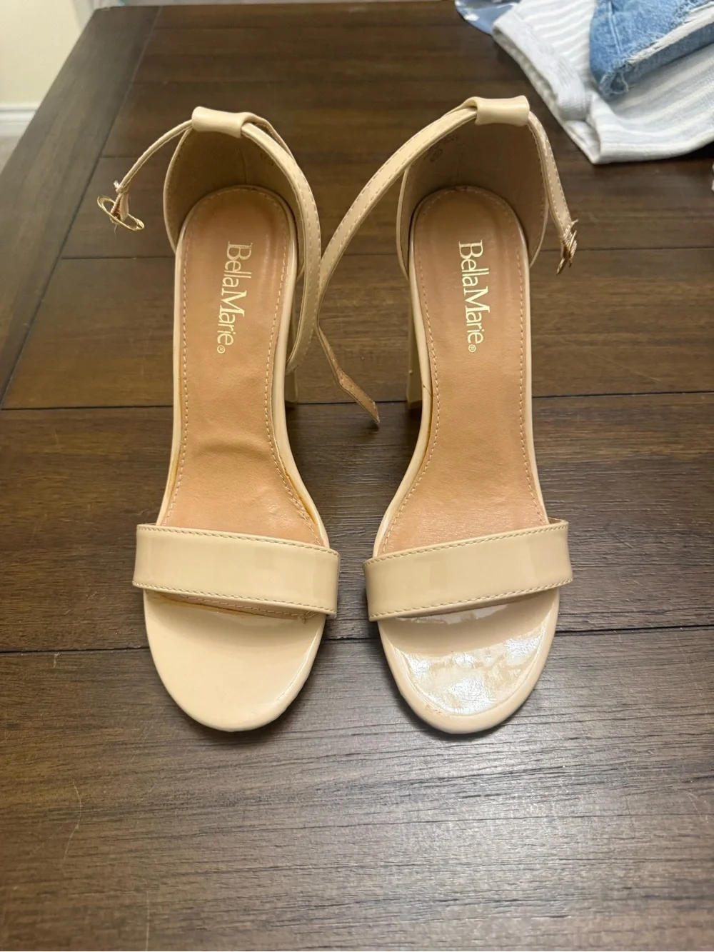 Bella Marie Beige Patent Ankle-Strap Block Heels